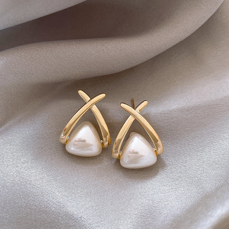 Gold Geometric Earrings with Pearl Accents