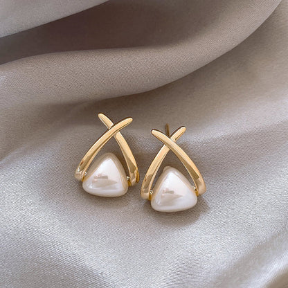 Gold Geometric Earrings with Pearl Accents
