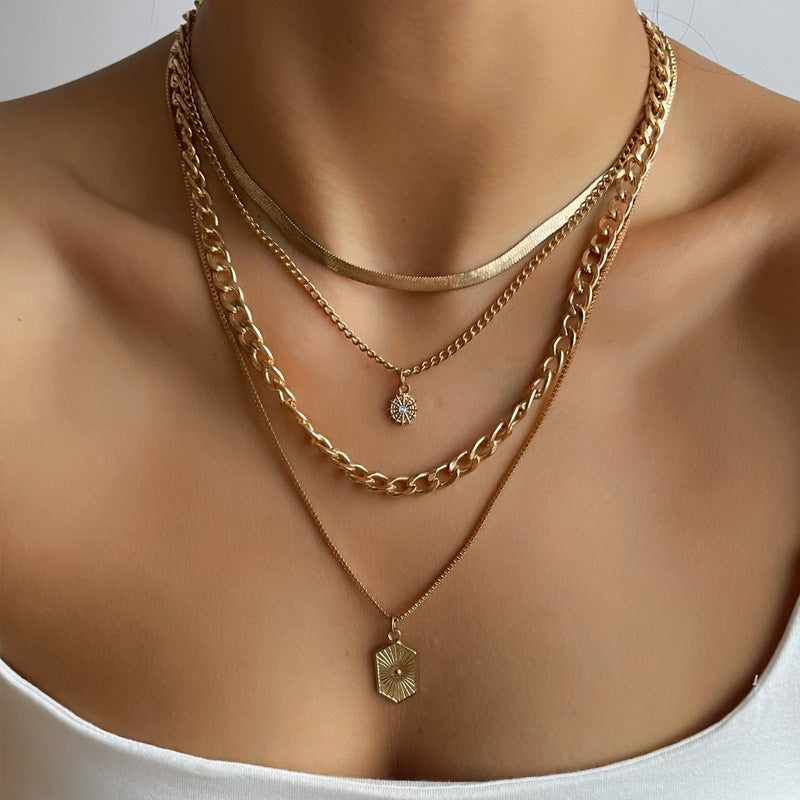 Sun-shaped decorative women?s multi-layer collarbone chain
