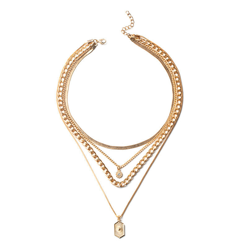 Sun-shaped decorative women?s multi-layer collarbone chain