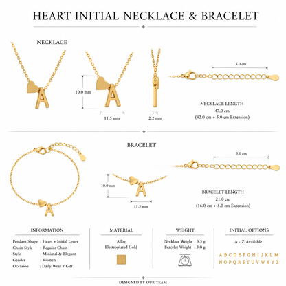 Heart Letter Necklace and Bracelet Set