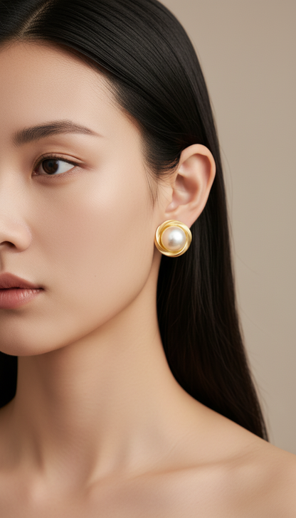 Gold Geometric Earrings with Pearl Accents